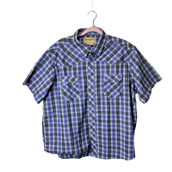 Wrangler Western Short Sleeve Men’s sz. 2XL XXL Purple Snap‎ Pearl Buttons Plaid - Picture 1 of 6